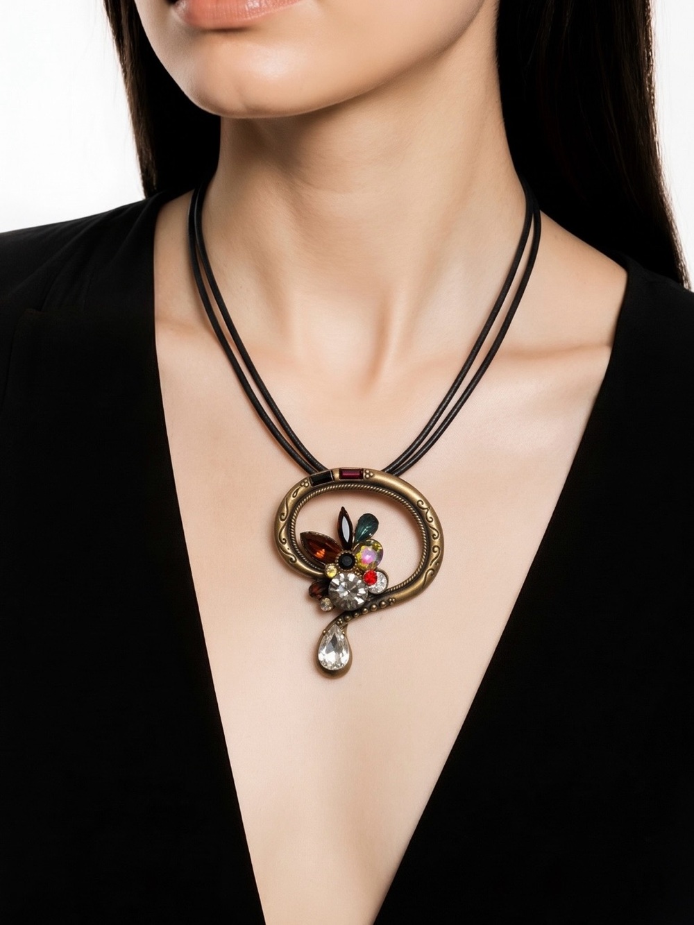 Chico's Black Cord Necklace with Multicolor Crystal Floral Pendant